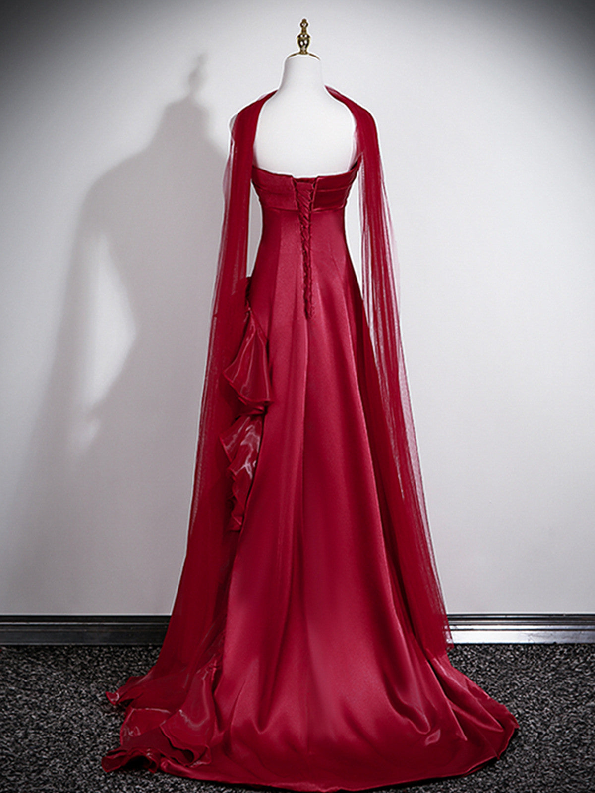 Strapless Wine Red Formal Gown With Organza Skirt