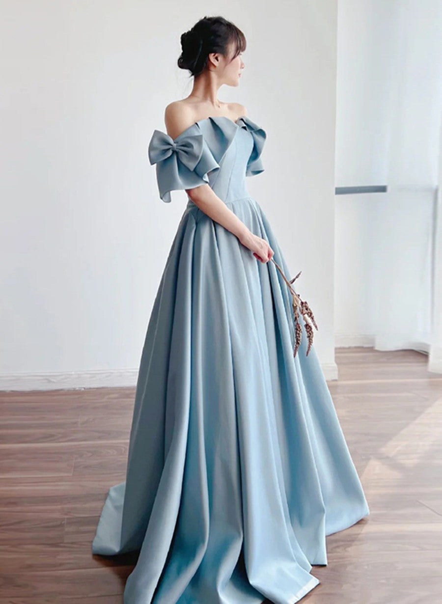 Blue Satin Off Shoulder Long Prom Dress with Bow