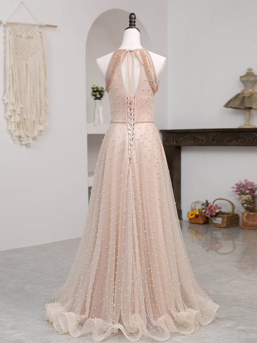 Vestido de noche formal largo con cuello halter de tul con cuentas rosas 