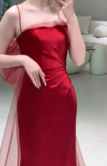 Red Satin Mermaid Long Party Dress with Train