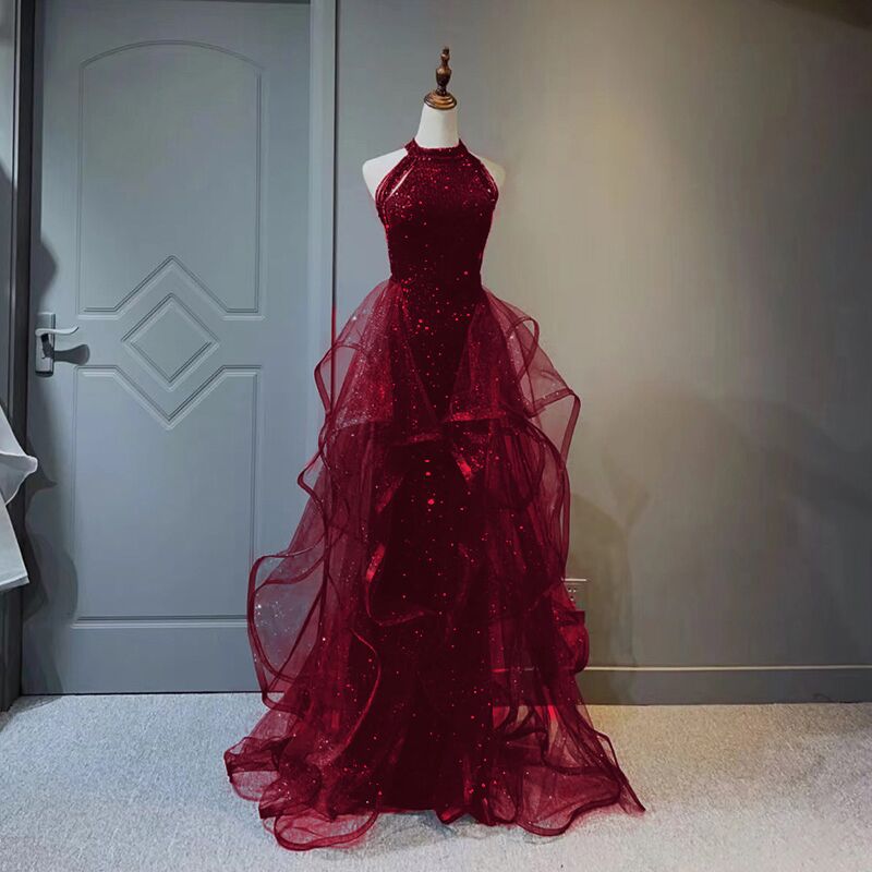 Wine Red Sequins and Tulle Halter Long Prom Dress