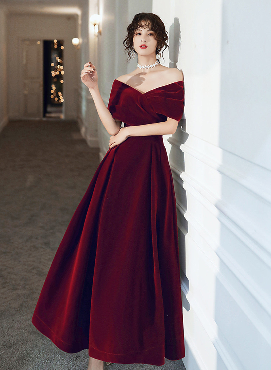 Wine Red Velvet Simple A-line Long Wedding Party Dress