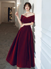 Wine Red Velvet Simple A-line Long Wedding Party Dress
