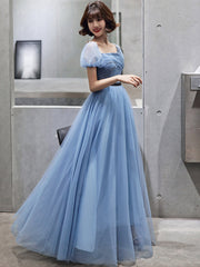 Blue Tulle Short Sleeves Long Party Dress