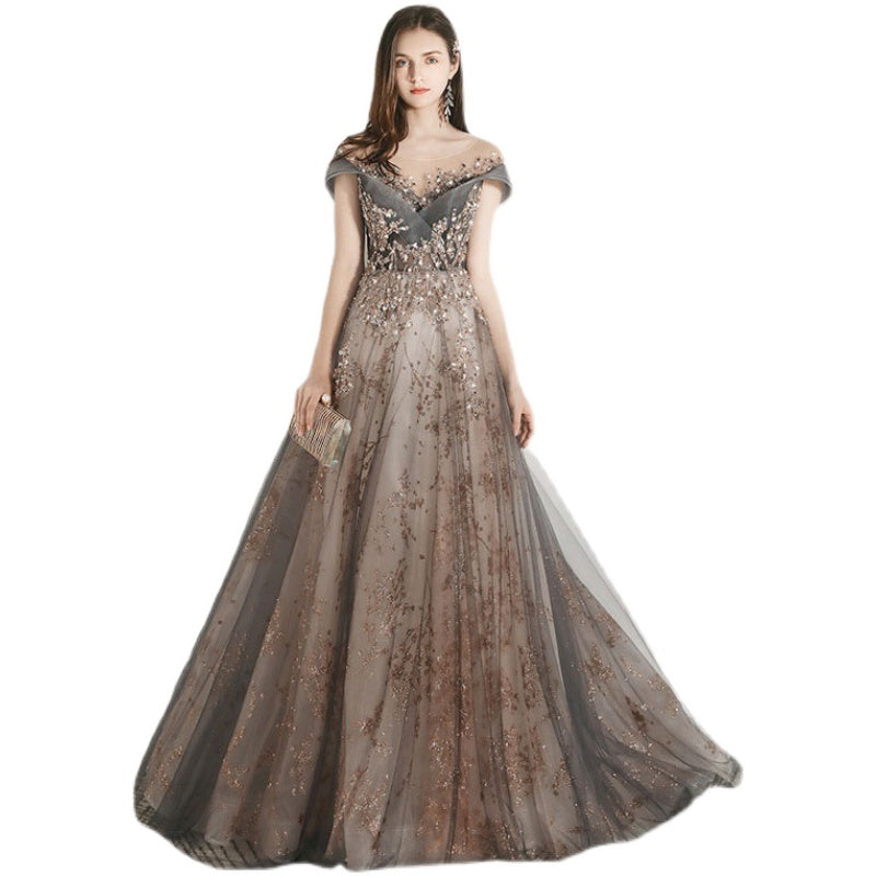 Vestido de fiesta largo de tul con encaje gris y champán 