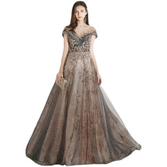 Vestido de fiesta largo de tul con encaje gris y champán 
