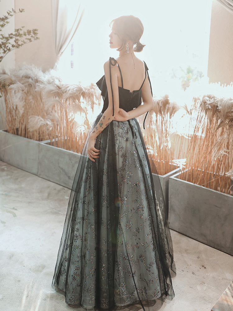 Black A-line Tulle Straps Long Party Dress