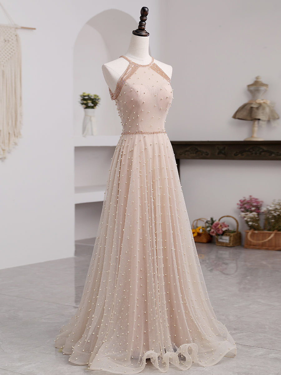 Vestido de noche formal largo con cuello halter de tul con cuentas rosas 