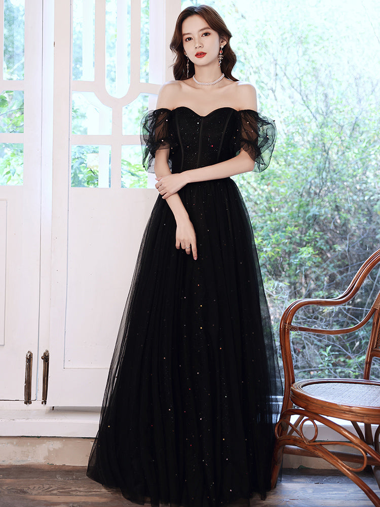 Black Off Shoulder Tulle Long Party Dress