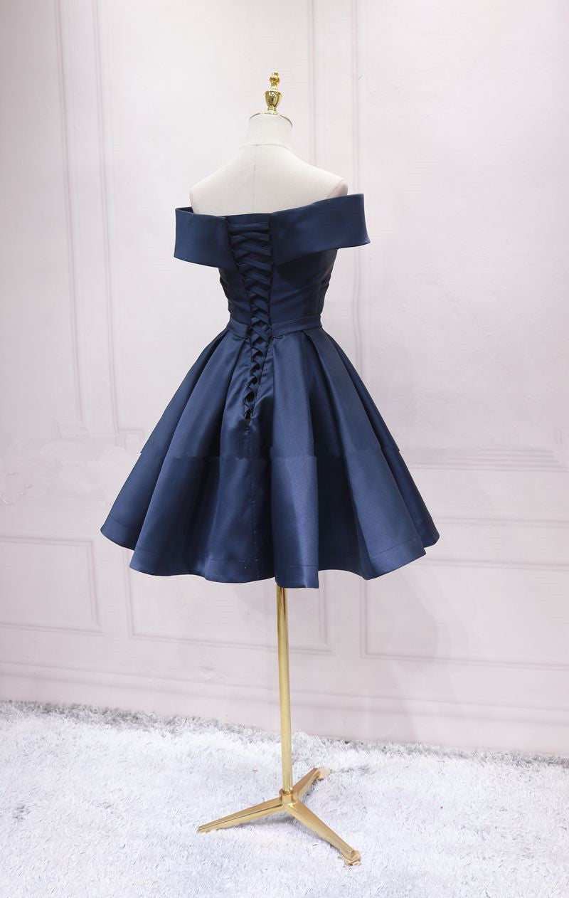 Vestido de dama de honor de satén azul marino con hombros descubiertos y vestido de fiesta 