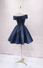 Vestido de dama de honor de satén azul marino con hombros descubiertos y vestido de fiesta 