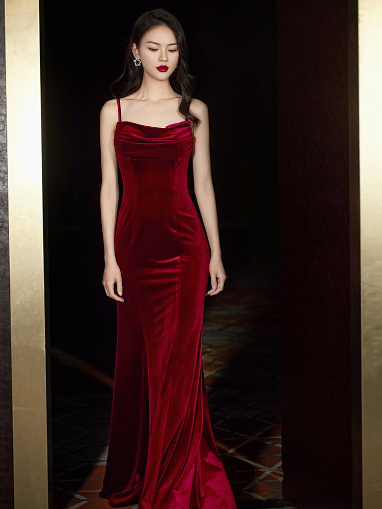 Wine Red Velvet Mermaid Straps Long Party Dress 2022