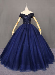 Vestido de fiesta de tul azul marino con cuentas para quinceañeras 