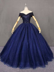 Vestido de fiesta de tul azul marino con cuentas para quinceañeras 