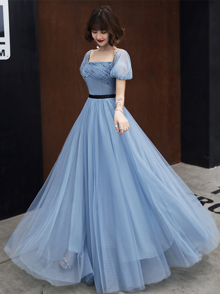 Blue Tulle Short Sleeves Long Party Dress