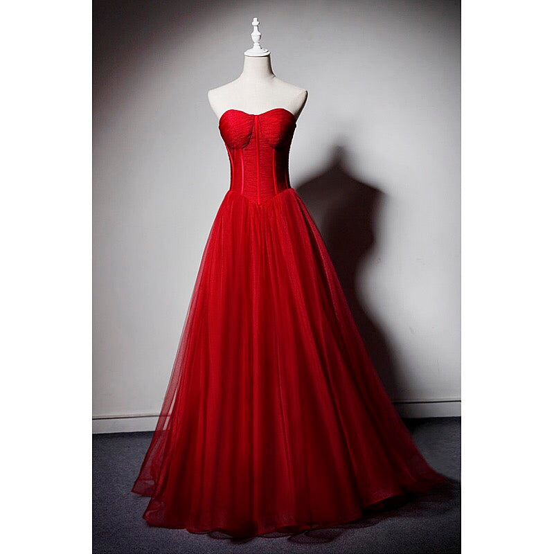 Red Sweetheart Tulle Ball Gown Floor Length Formal Dress