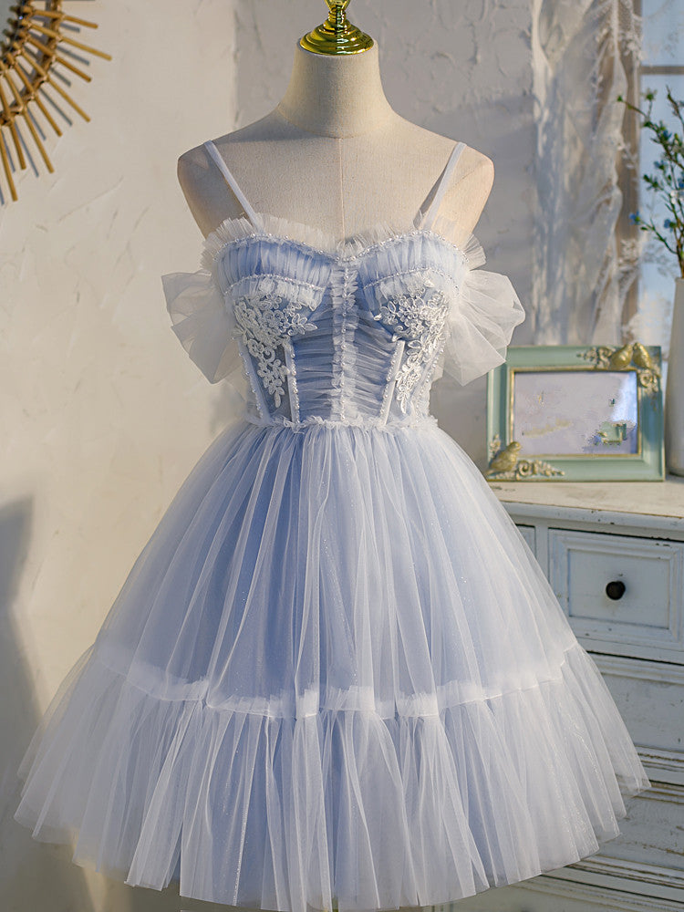 Vestidos de fiesta cortos de tul azul claro con cuentas 