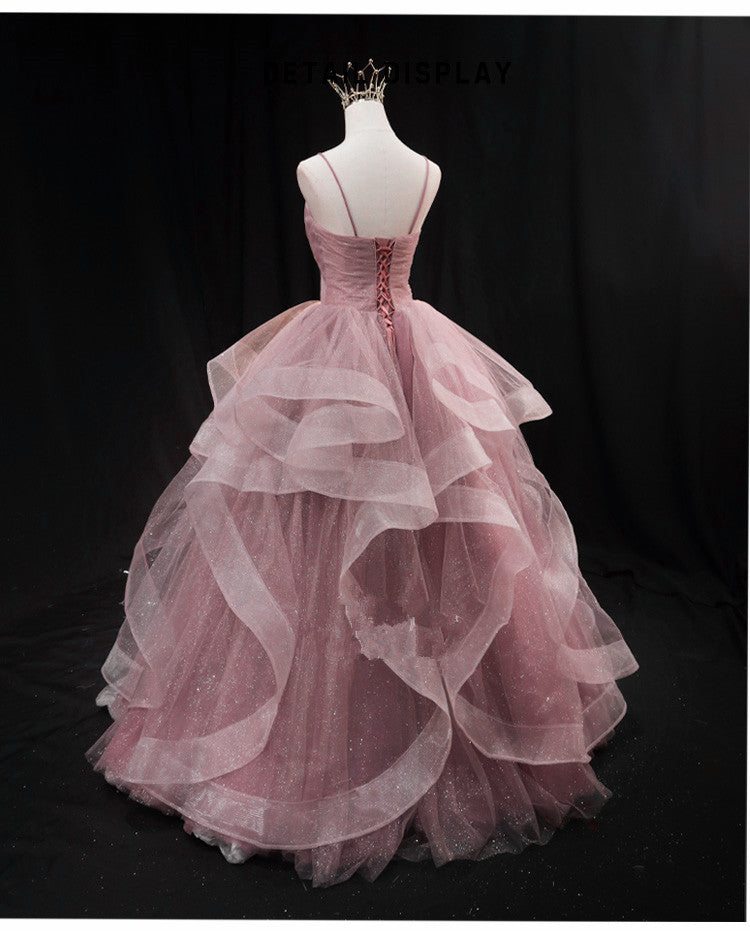 Vestido de noche largo de tul con escote en forma de corazón rosa 