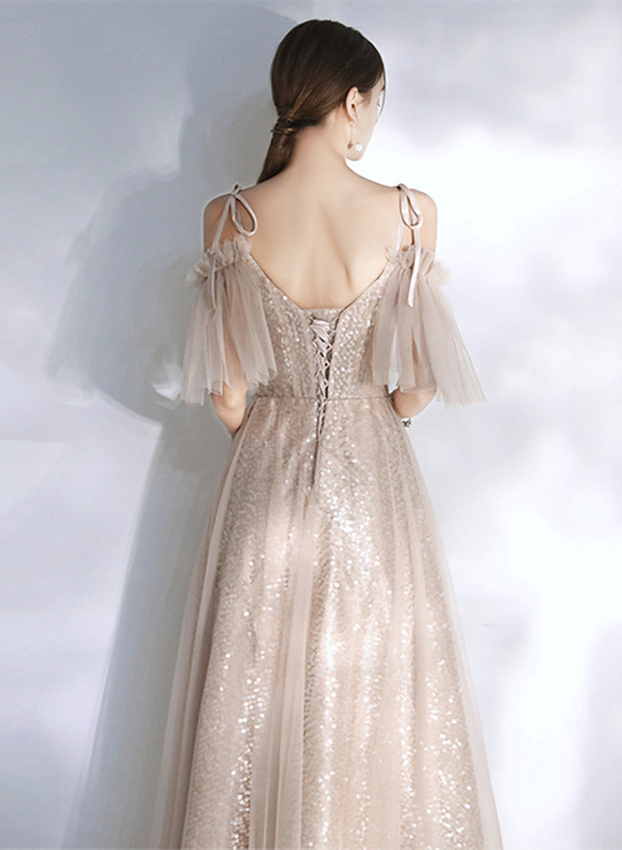 Vestido de fiesta de corte A con lentejuelas y tul color champán claro 