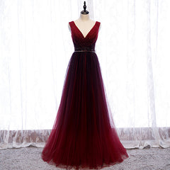 Gradient Beaded Wine Red Tulle Long Party Dress