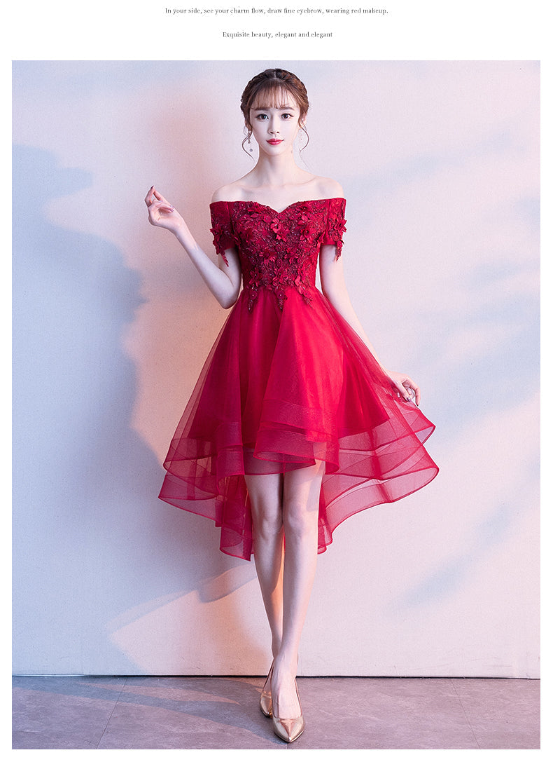Red High Low Lace Flowers Tulle Off Shoulder Party Dress