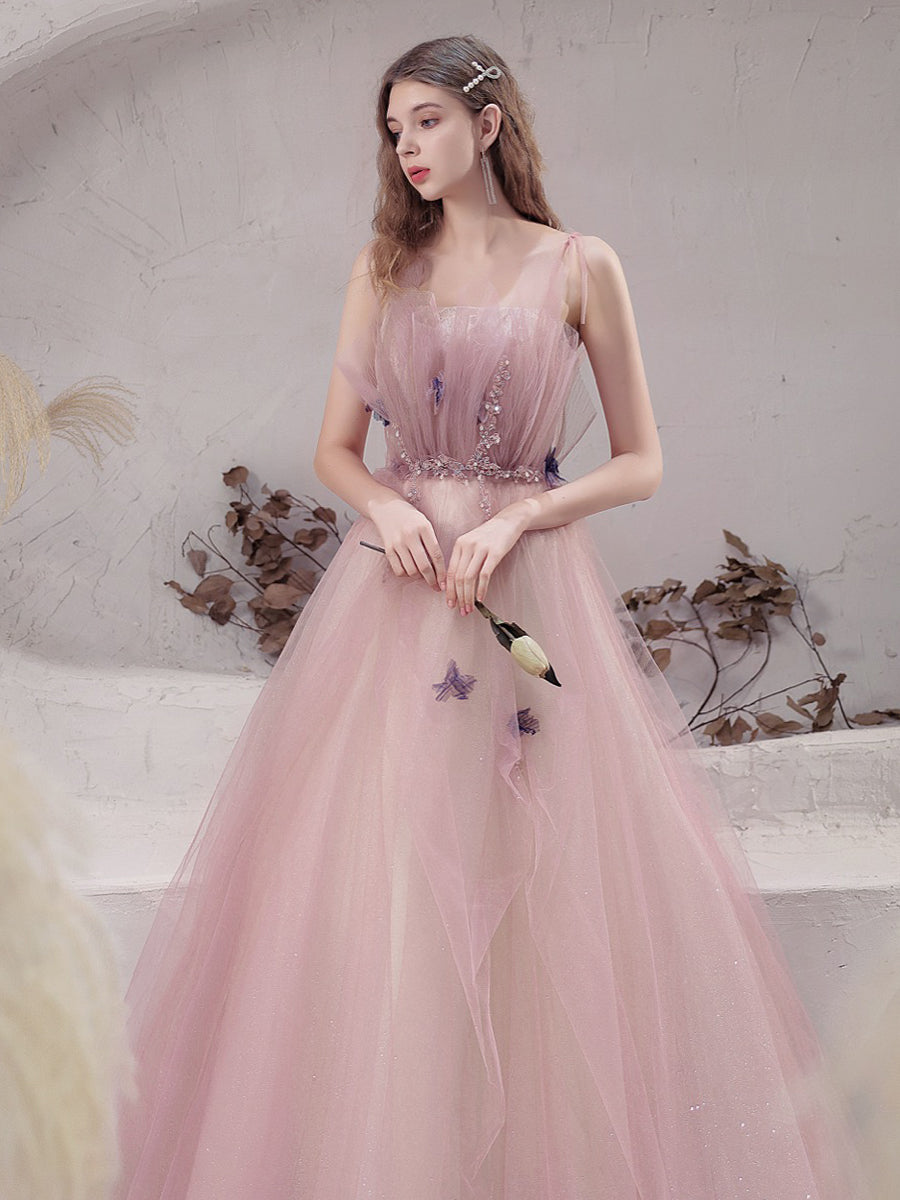 Vestido formal largo con tirantes finos de tul rosa y cuentas 