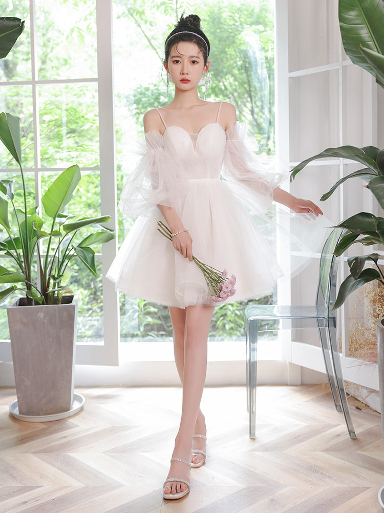 White Tulle Short Sleeves Homecoming Dress