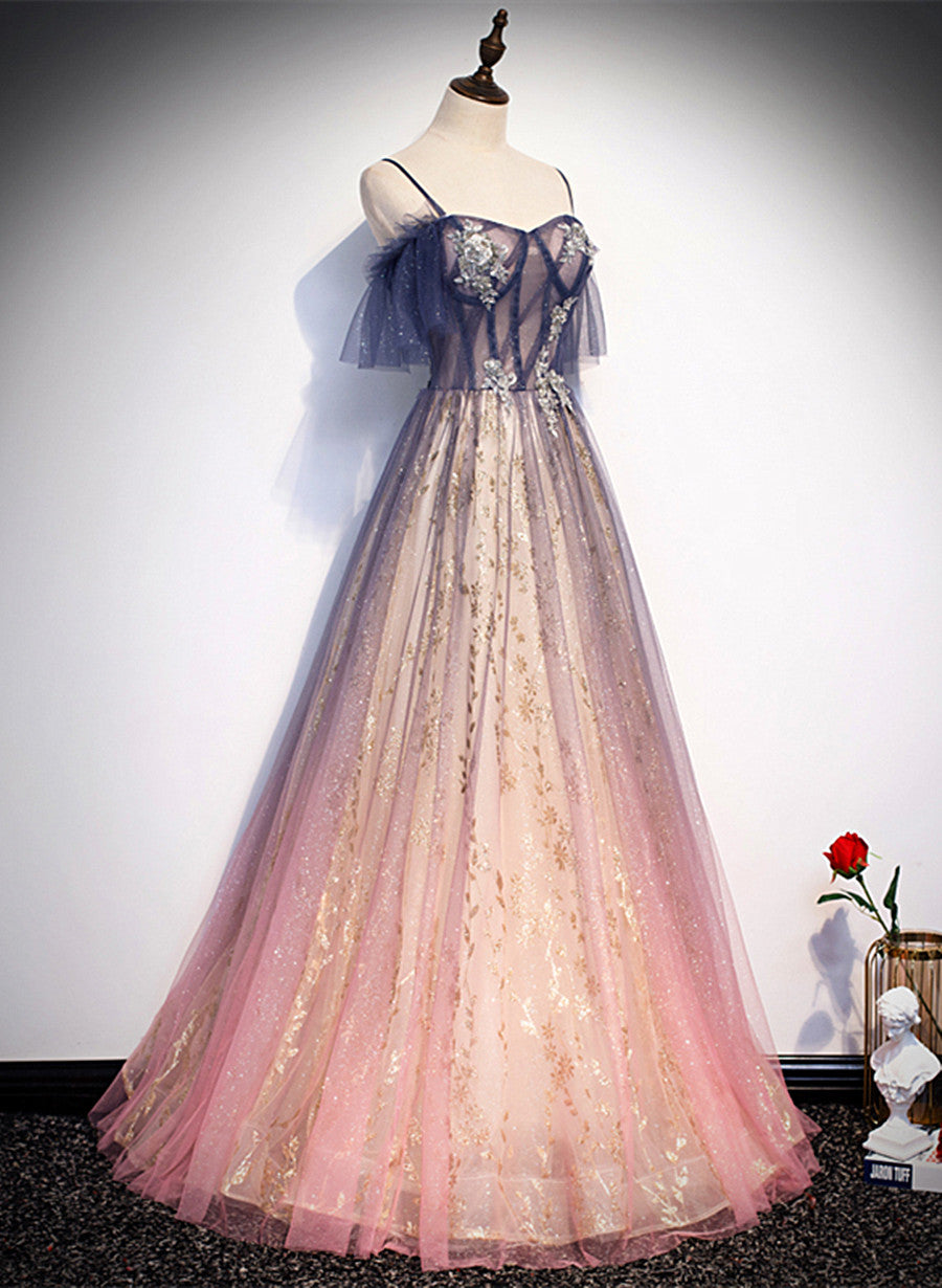 Precioso vestido de fiesta largo de tul con encaje y corte A en degradado 