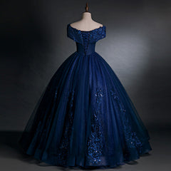 Vestido de fiesta azul marino con hombros descubiertos de tul y encaje para dulces 16 