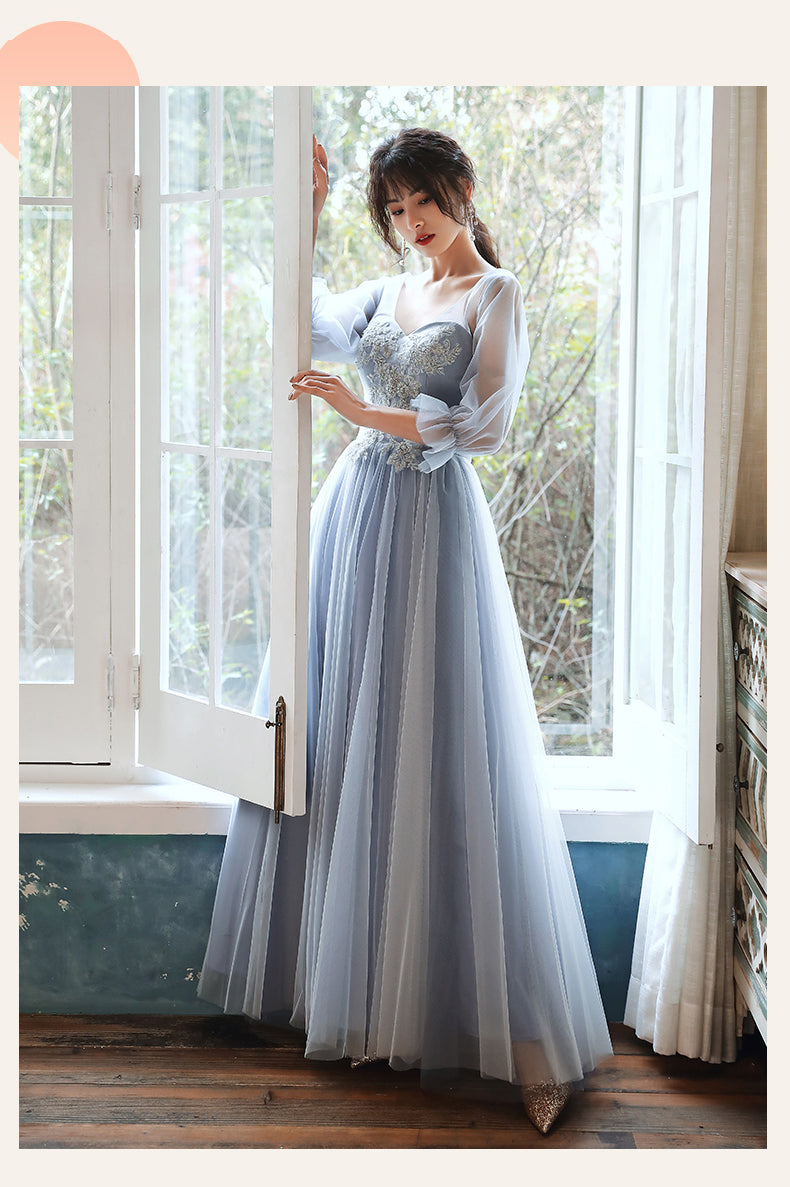 Light Blue Tulle Long Party Dress with Puffy Sleeves