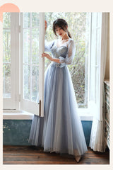 Light Blue Tulle Long Party Dress with Puffy Sleeves