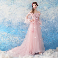Pink Flowers and Tulle Long Puffy Sleeves Prom Dress