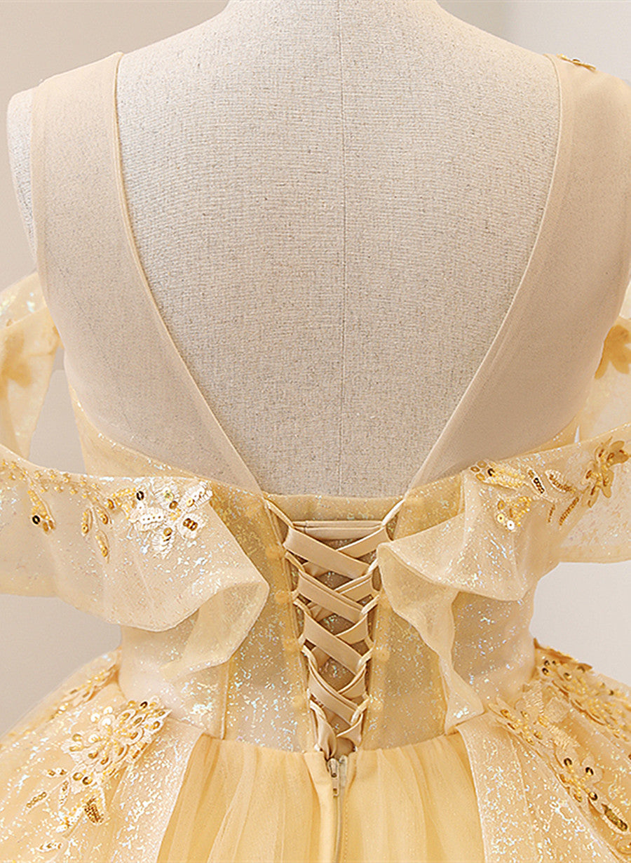 Light Yellow Tulle with Beadings and Lace Party Dress