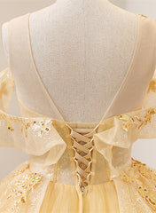 Light Yellow Tulle with Beadings and Lace Party Dress