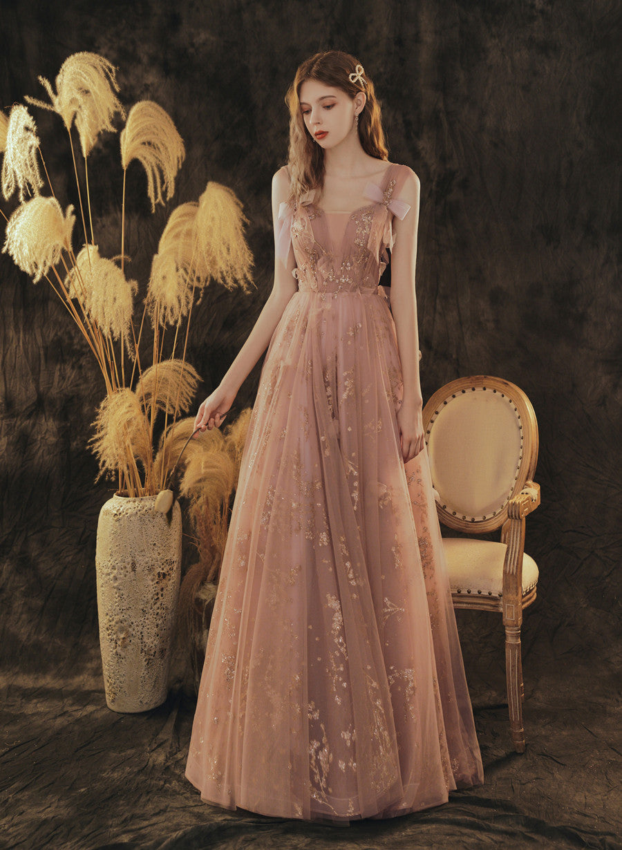 Vestido de fiesta largo de tul con tirantes de color rosa oscuro y encaje 