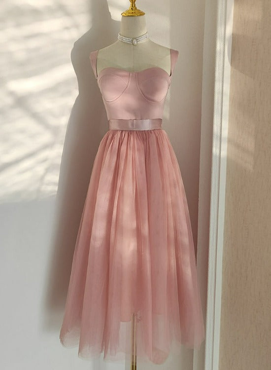 Pink Tea Length Sweetheart Tulle Party Dresses