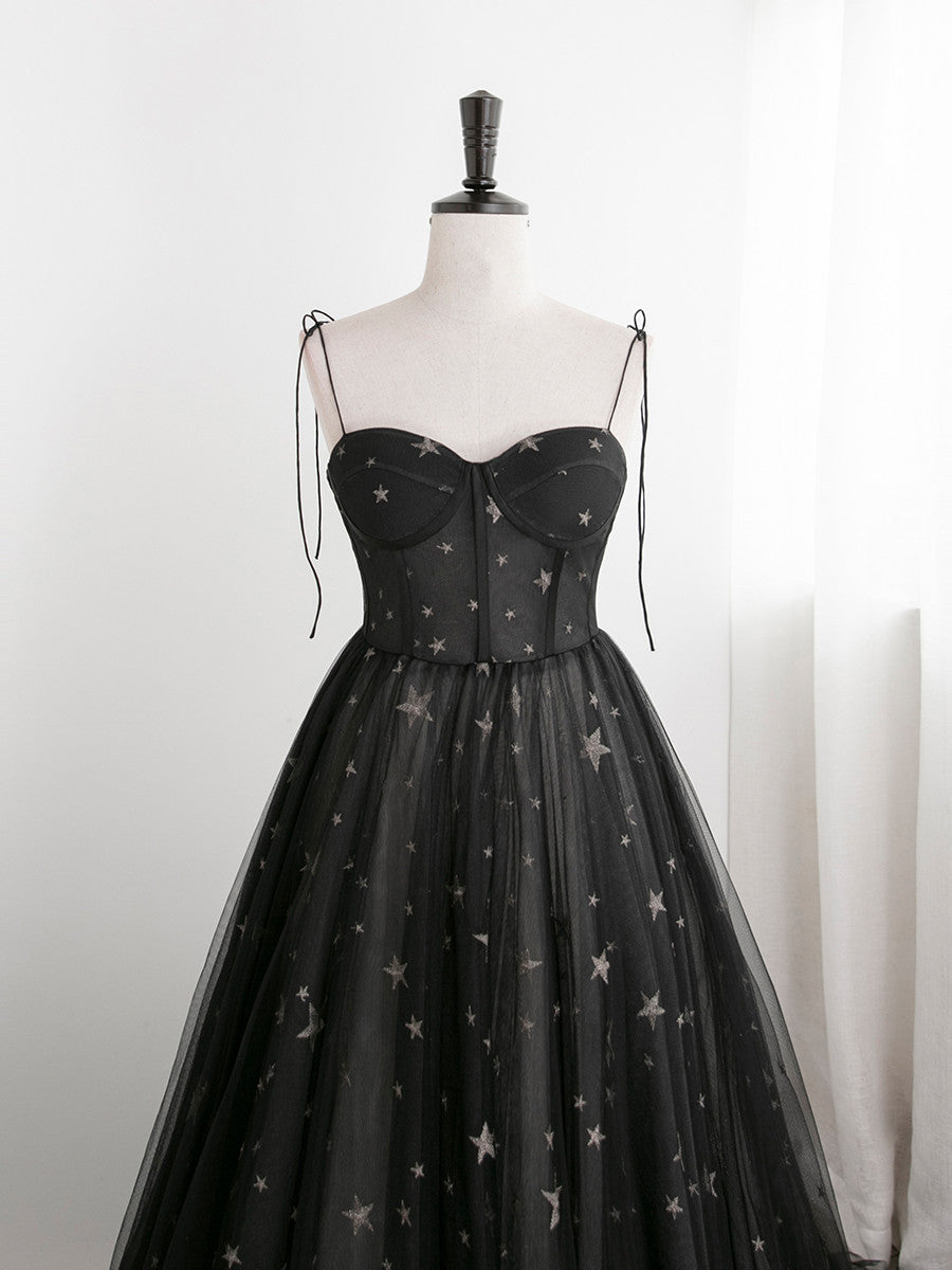 Black Sweetheart Tulle Straps Long Formal Dress