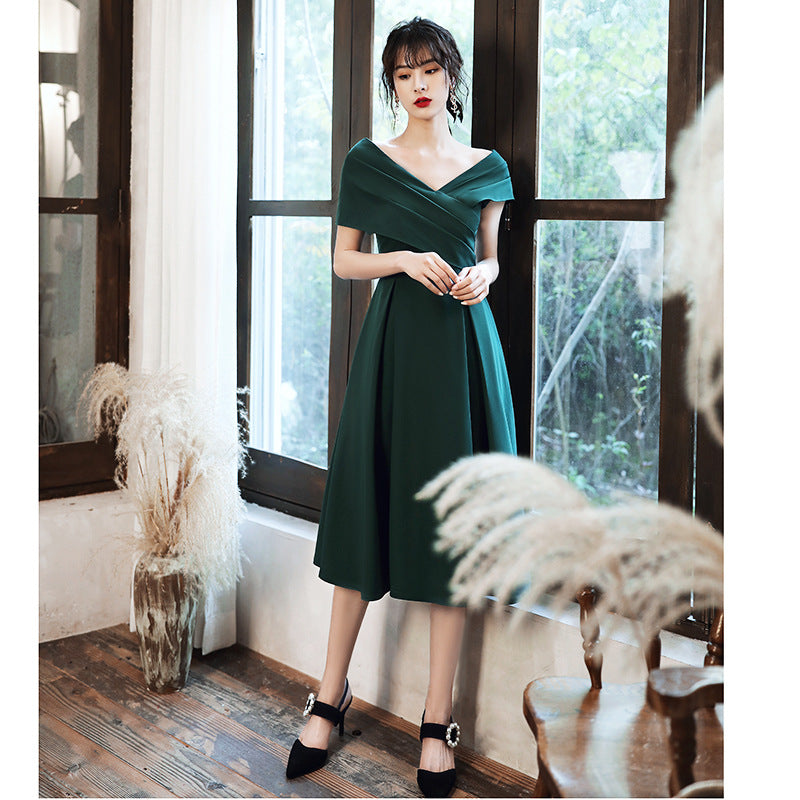 Green Off Shoulder Knee Length Bridesmaid Dress
