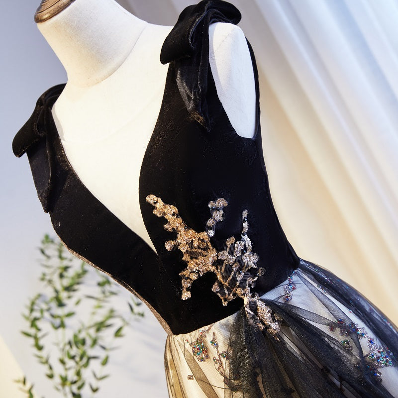 V-neckline Black Tulle with Velvet Top Long Evening Dress Party Dress