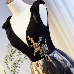 V-neckline Black Tulle with Velvet Top Long Evening Dress Party Dress