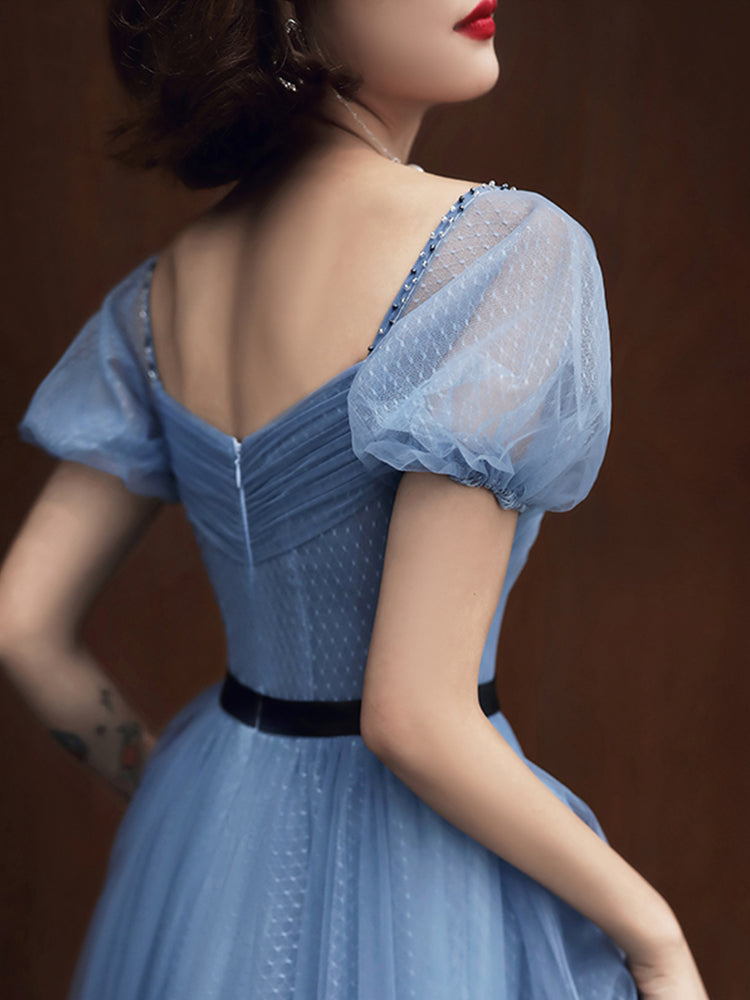 Blue Tulle Short Sleeves Long Party Dress