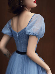 Blue Tulle Short Sleeves Long Party Dress