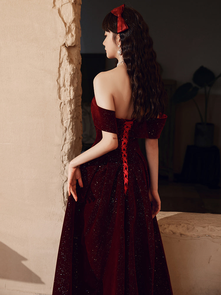Vestido de fiesta largo hasta el suelo de terciopelo rojo vino 