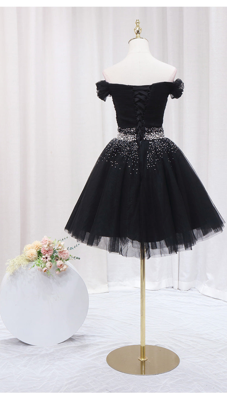 Black Off Shoulder Beaded Tulle Short Prom Dress