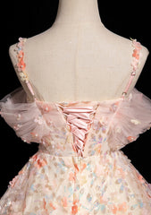Vestido de fiesta con escote corazón, flores y encaje con tirantes rosas 