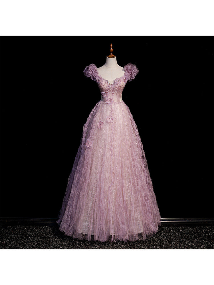 Vestido de fiesta largo de tul rosa con hombros descubiertos y flores 
