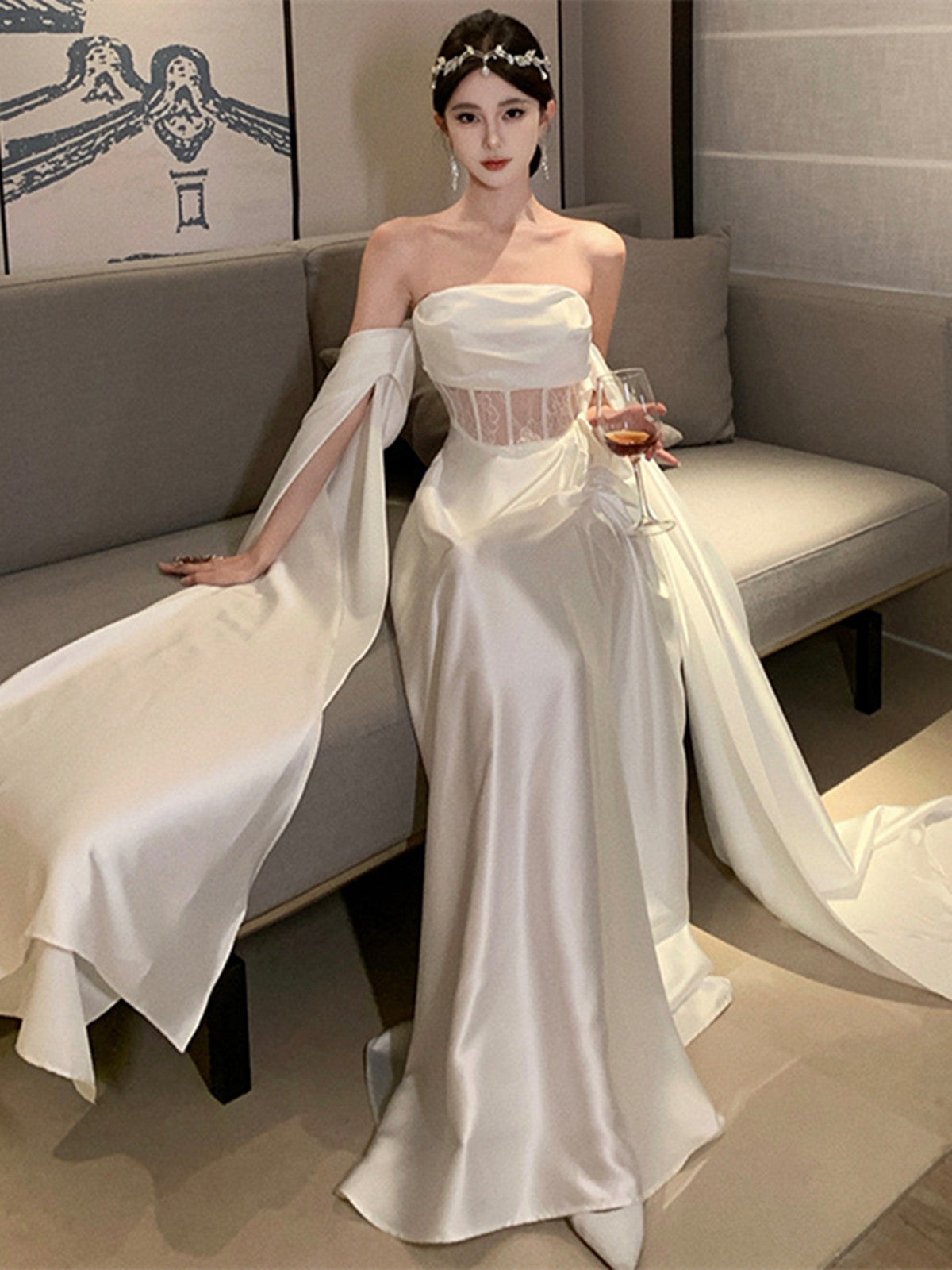 Vestido de fiesta de boda de satén blanco con hombros descubiertos 
