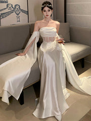 Vestido de fiesta de boda de satén blanco con hombros descubiertos 