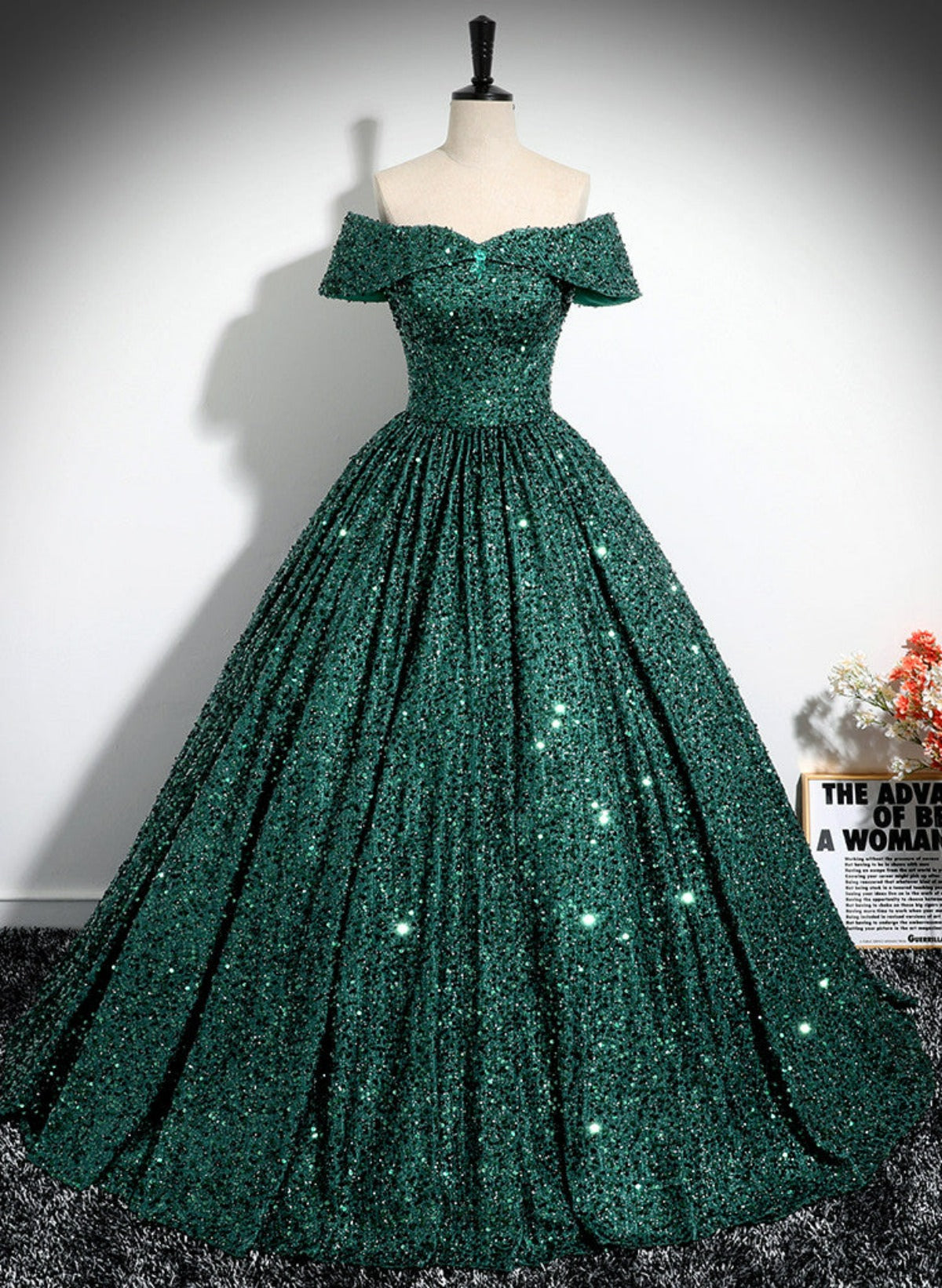 Dark Green Sequins Off Shoulder Ball Gown Prom Dress