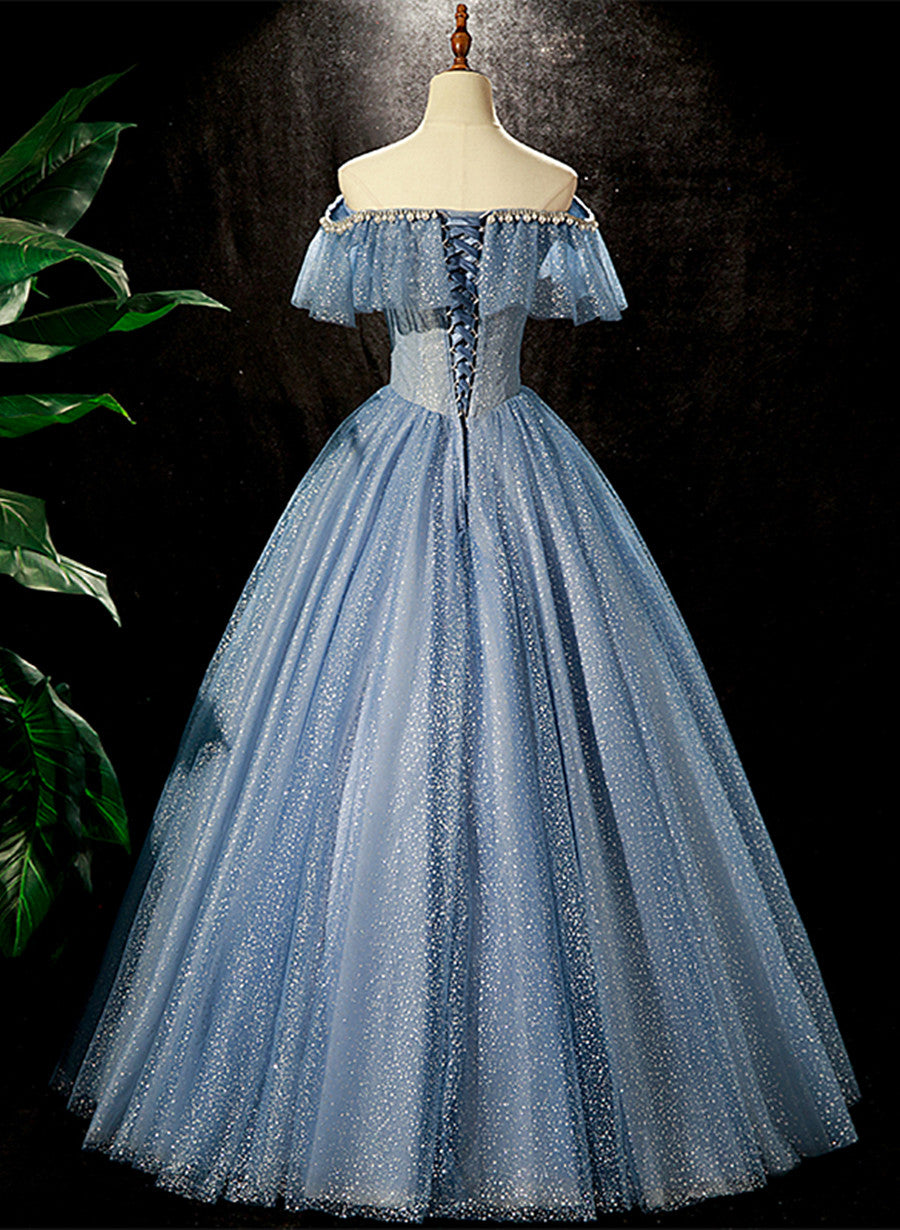 Vestido de fiesta largo con cuentas y hombros descubiertos en azul brillante 